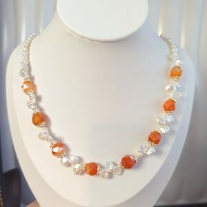 SR370-51 Elegant Pearl and Orange Bead Necklace
